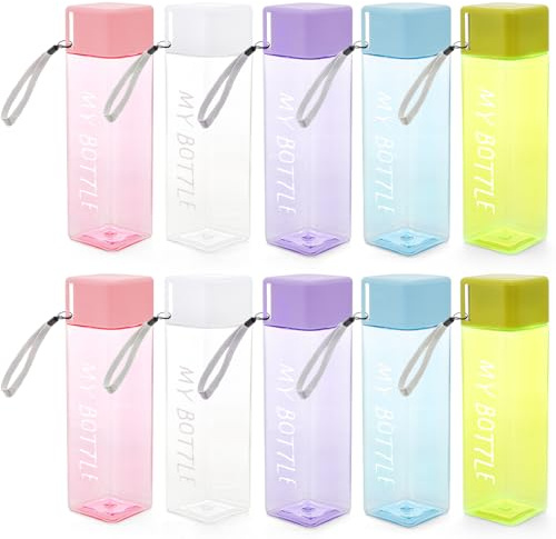 ZEAYEA 10 Pcs Water Bottles Bulk, 15 oz Portable Sports Water Bottle with Lanyard, Leak Proof Reusable Square Plastic Drinking Bottles for Outdoor, Gym, Camping, Fitness, Travel, Office