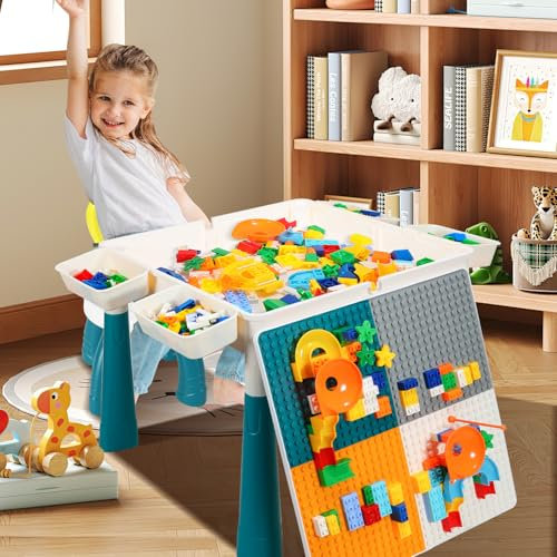 Ollewiellan Spieltisch Kinder Höhenverstellbarer Baukasten-Aktivitäts-Tischset mit 251 Teilen mit stauraum– Multifunktionales Lernspielzeug Kinder Aktivitätstisch Kindertisch Stuhl Set