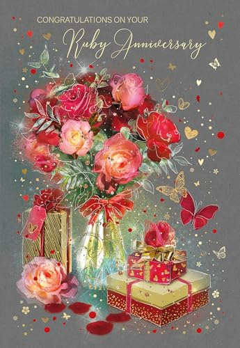 Cherry Orchard Glückwunschkarte zur Rubinhochzeit, schönes rotes Rosen-Design, komplett mit goldfarbenem Umschlag