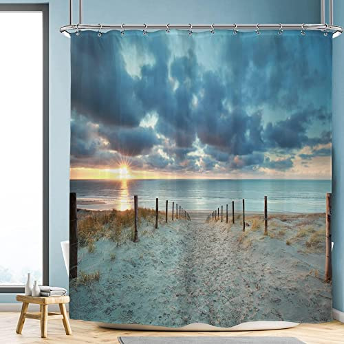 DMKHZY Duschvorhang mit Anti-Schimmel Strand-Duschvorhang, Tropische Palmen am Meer, Duschvorhang, Sonnenuntergang, Ozeanwellen, Badezimmervorhang mit Haken 120x230cm/BxH