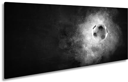 Leinwandbild Farbenexplosion trifft Fußball – ein Spiel wie aus dem Kosmos. Panorama 80x40cm Effekt:Schwarz&Weiß XXL Kunstdruck Bild auf Keilrahmen/Wandbild/Wohnzimmer Dekoration