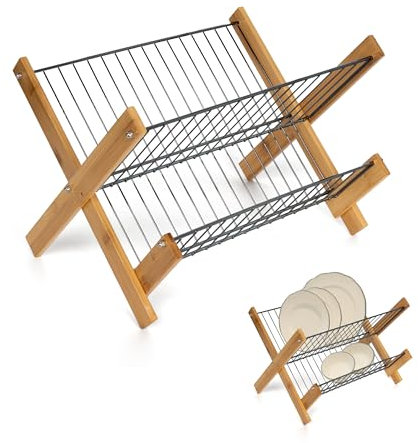 LIN HOME Escurridor de Platos de Bambú y Metal, 2 Niveles, 38 x 33 x 27 cm, Plegable, Estructura Estable (M2)