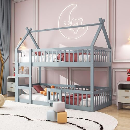 boorbin Kinder-Etagenbett 90 * 200, Kinder-Familienbett, mit Treppe, Loft Design, Massivholz-Etagenbett-Rahmen (Grau)