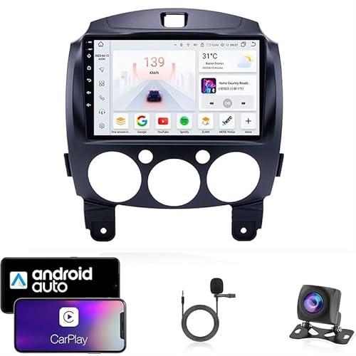Autoradio Android 14 Double Din con touch screen per MAZDA 2 2007-2013 con Bluetooth, navigazione GPS, WiFi, radio FM, USB/SWC/Plug and Play, supporto Carplay e Android Auto + telecamera per la retr