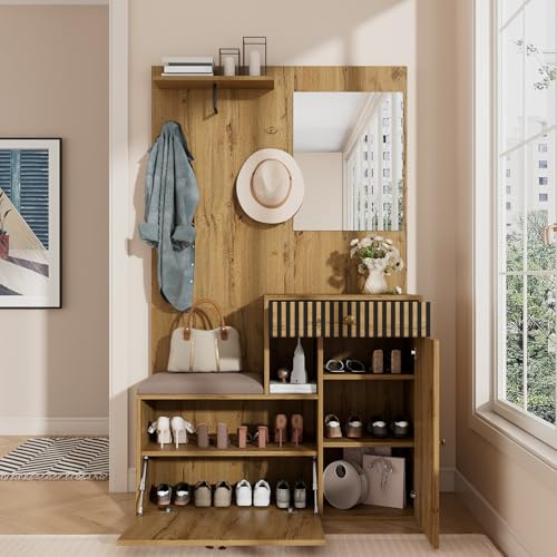 Juabett Garderobenset, Kompaktgarderobe, Flurgarderobe mit Spiegel, Schublade,Polsterkissen und Schuhbank, Flurschrank mit 4 Kleiderhaken, Wandgarderobe, Regal, Flur-und Dielengarderoben, Schuhschrank