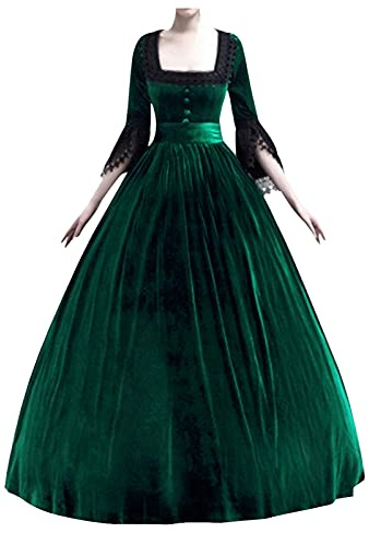 Robe Victorienne Femme Manches Trompette, Robe Médiévale Femme Dentelle Maxi Col Carré Grande Taille Reine Renaissance Vintage Bal Princesse Palais Adulte Halloween Déguisement Cosplay Carnaval Fête