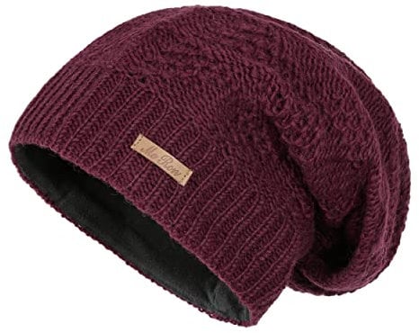 McRon Damen Gefütterte Beanie Wollmütze Modell Lina Weinrot 1118