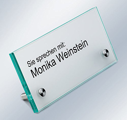 Tischaufsteller, Namensschild, Empfangsschild, ESG-Glas, 150x70x4 mm, 60° Aufstellwinkel, Schilderhalter Edelstahl mit extra- flachem Kopf