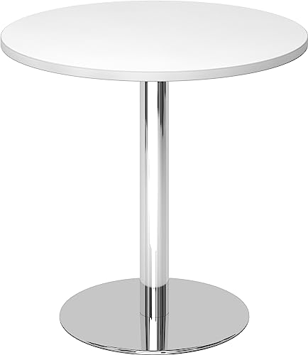 bümö Besprechungstisch, Esstisch klein, Tisch rund 80 cm - Kleiner Esstisch weiß, Rundtisch Esstisch 2 Personen mit Holz-Platte, Säule aus Metall verchromt, Konferenztisch, Bistrotisch