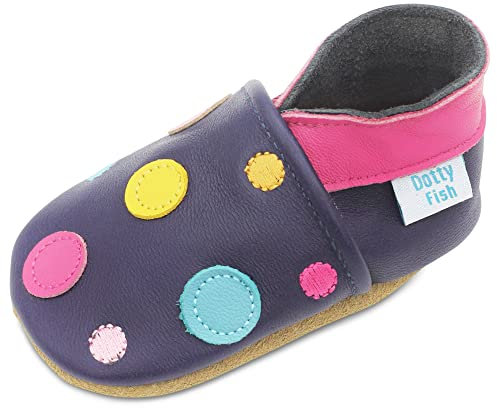 Dotty Fish Scarpine a piedi nudi per bambine in morbida pelle. Marchio britannico. Suola in antiscivolo, approvate dai podologi, traspiranti, leggere e flessibili - Blu navy con pois colorati 0-6 mesi