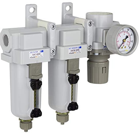 PneumaticPlus SAU430-N04G-MEP 3 Stage Compressed Air Filter Dryer System - Particulate Air Filter, Coalescing Air Filter, Compressed Air Pressure Regulator Combo, 1/2 NPT - Metal Bowl, Manual Drain