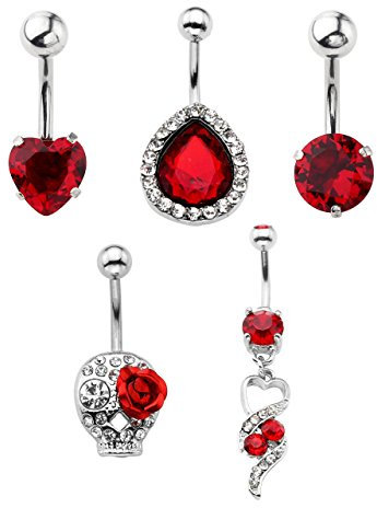 PiercingJ - Lot de 5PCS Anneau Clou de Nombril Ventre Haltère Barbell avec Boule Pendentif Strass Cristal Acier Inxoydable Bananes Bijoux de Corps - Set#09