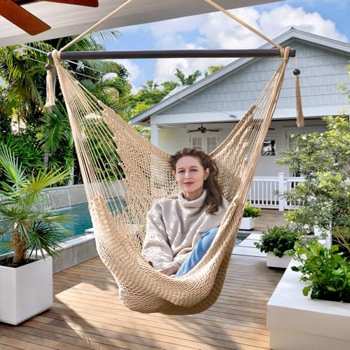 Bathonly Großer Karibischer Hängesessel Mit Spreizstange, bis 150 kg Belastbar, Handgewebt Hängeschaukel, Hängestuhl, für Draußen, Drinnen, Terrasse, Garten, Schlafzimmer, Hellbraun