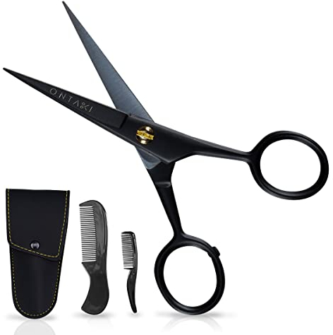 ONTAKI Professionelle Bartschere aus deutschem Stahl, 12,7 cm, Herren-Schnurrbartschere mit Bartkamm und Tragetasche, handgeschmiedete, abgeschrägte Kante, Präzisions-Gesichtsbehaarung – Schwarz