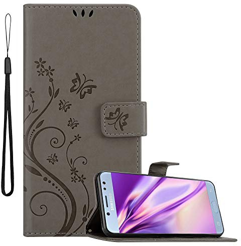 Cadorabo Hülle kompatibel mit Samsung Galaxy J5 2017 Blumen Design aus Kunst Leder Flip Klappbare Stoßfeste Magnetische [Standfunktion] [Kartenfächern] Cover Hülle für Galaxy J5 2017 Tasche in Grau
