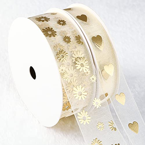 Kesote 2 Rollen Geschenkband Gold Schleifenband Dekoband zum Basteln Organzaband Hochzeit Deko Party Geschenk Transparent Band Geschenkverpackung Weihnachten (Herz + Chrysantheme)