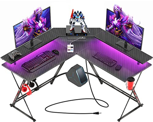 SEVEN WARRIOR L Shaped Gaming Desk with LED Lights & Power Outlets, 50.4” Computer Desk with Monitor Stand, Corner Desk with Carbon Fiber Surface, Gaming Table with Hooks, Black