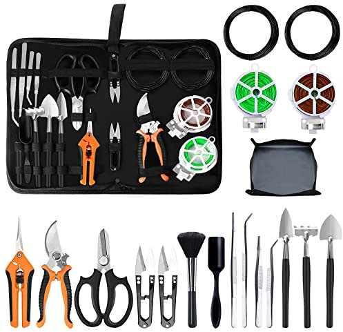 Taschyas Bonsai Tools Set, 20 Pcs Gardening Succulent Tree Indoor Beginner Tool Kit, Include 262 Feet Bonsai Wire, 29.5 x29.5 Plant Repotting Mat, Leather Bag, Bonsai Scissors, Pruning