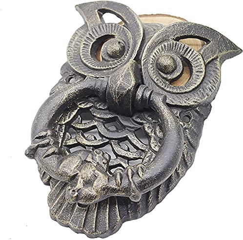 HAOMINGTIAN Llamador de puerta con diseño de búho, de hierro fundido con tornillos, puerta exterior y puerta de jardín, decoración de puertas de madera