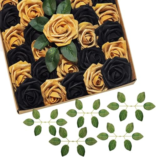 cosybeau Black and Gold Flowers Artificial Roses, 50PCS Fake Flowers for Wedding Decorations Bouquets Baby Shower Centerpieces Home Decor Arrangements Party (Black+ Glitter Gold)
