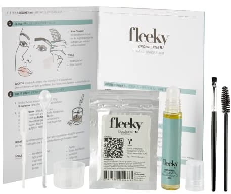fleeky Brow Henna Set | Augenbrauen Henna Pulver und Henna Öl | mit Aloe Vera Argan Öl und Rizinus Öl | Augenbrauen Farbe | 100% Vegan und Tierversuchsfrei | bis zu 6 Wochen Halt (Dunkelbraun)