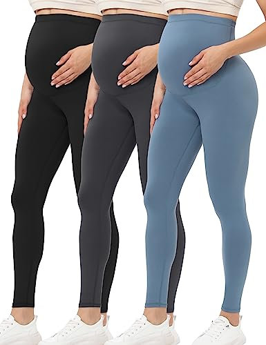 Buttergene Legging de maternité pour Femme - Pantalon de Yoga pour la maternité - Legging d'entraînement de Grossesse, Lot de 3 Cartouches d'encre Noir/Gris foncé/Bleu poussiéreux, Taille S