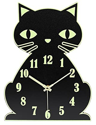 Topkey Luminous Non ticking Silent Wall Clock Animal Design Clock for Child, Battery Operated (Not Included) –Black Cute Cat