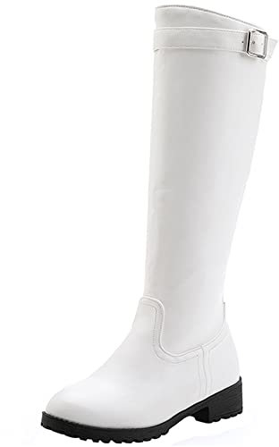 Lroey Reoly Stivali da Donna a Metà Polpaccio con Tacco a Blocco, Stivali da Equitazione Tacco Medio Punta Rotonda Stivali Alti Inverno Zip 090 Bianco Numero 41 EU