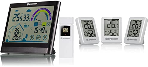 Bresser 7007402 Touchscreen Wetterstation Funk- Thermo-/Hygrometer mit Lüftungsempfehlung, Schwarz & Thermometer Hygrometer Temeo Hygro Indicator 3er-Set zum AufstellenWeiss, 4.5x1.6x5.8 cm, Weiß