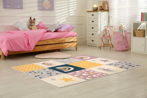 DomDeco Kinderteppich YLVIE, 7mm hoher Kurzflor, für Kinder-/Spielzimmer, aus Kunstfasern, Mehrfarbig in 120 x 170 cm
