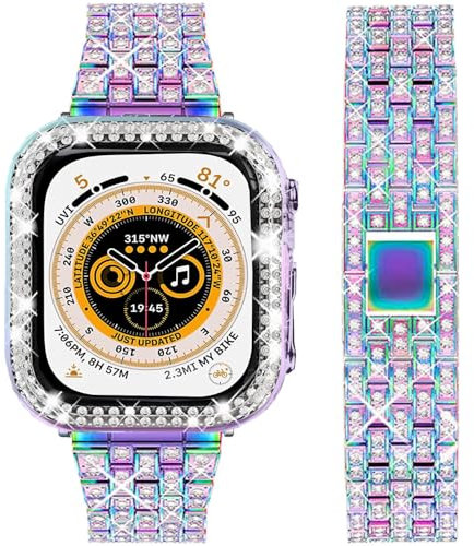 DEALELE Bracelets compatibles avec iWatch Series 8 Ultra 49 mm, bracelet en métal diamant strass avec coque de protection de rechange pour Apple Watch Ultra 49 mm (arc-en-ciel, 49 mm)