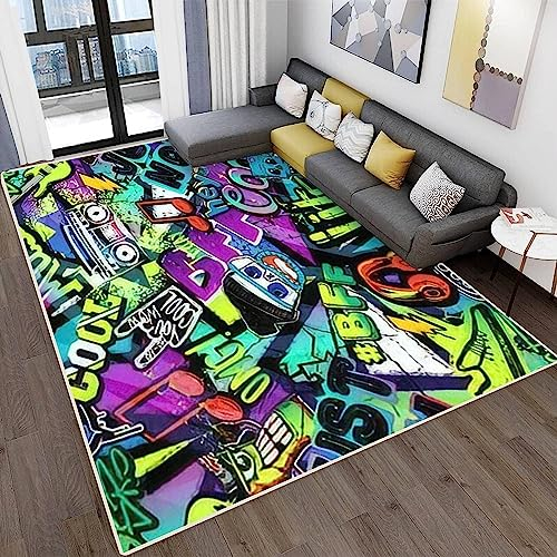 Hip-Hop Graffiti Teppiche, Weicher & Bequemer Teppich 160x230 cm Bunter Street Art Design, Urban Style, Kinderzimmerteppich rutschfest & Pflegeleicht Für Schlafzimmer, Wohnzimmer, Küche & Esszimmer