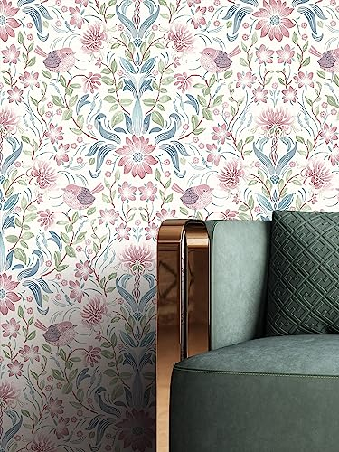 NEWROOM Tapete Rose Vliestapete Blumen - Vintage Floral Blau Grün Blätter Vögel Blumentapete Romantisch Blumenmuster Floral inkl. Tapezier-Ratgeber
