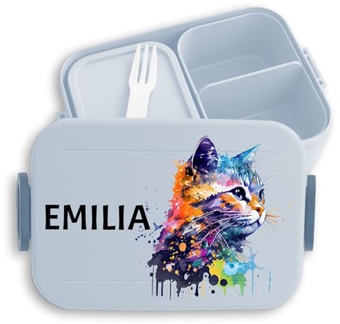 Kinder Bento Box Midi für Mepal Bentobox - Katzen Brotbox Katze Vesperbox Cat I Cats Lunchbox Katzenliebhaber - 900 ml - Hellblau - brotdose mädchen schule vesperdose katzenmotiv name snackbox