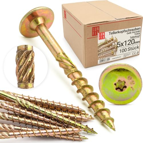 Lun Fix Tellerkopfschrauben 5x120 | 100 Stück | TX40 Torx | Tellerkopf mit Fräsrippen | Gelb Verzinkt | Holzschrauben | Terrassenschrauben | Spanplattenschrauben | Selbstschneidende Schrauben