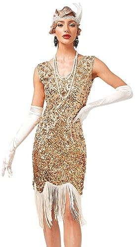 FYMNSI Damen 1920er Jahre V-Ausschnitt Pailletten Fransen Kleid Flapper Charleston Kleider Cocktailkleid Partykleid Gatsby Pailletten Quasten Abendkleid 20er Jahre Kost?m Abschlussballkleid Gold XS