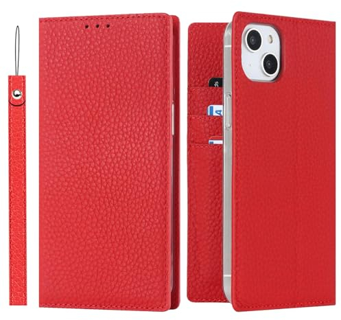 ELTEKER Hülle iPhone 13 Mini Handyhülle [Echtes Leder] Klapphülle mit Kartenfach,Schutzhülle Leder Hülle für iPhone 13 Mini-Rot
