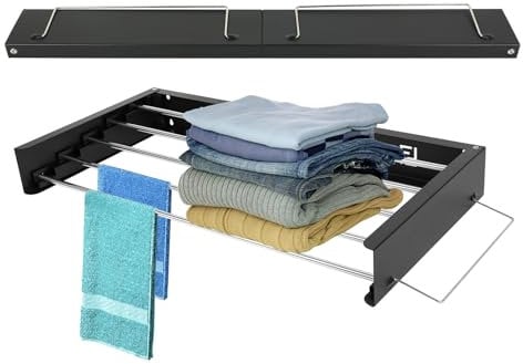 Wandmontage Wäschetrockner, Edelstahl Wand Wäscheständer, Platzsparend Klappbar Ausziehbar Kompakt Design Wandtrockner mit Handtuchstange für Drinnen und Draußen Badezimmer Balkon (Schwarz 100cm)