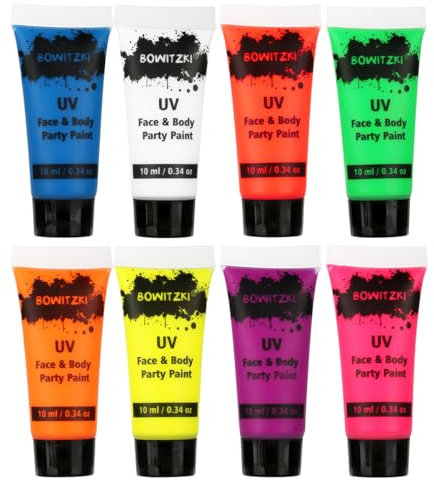 Bowitzki Lot de 8 peintures pour le corps fluorescentes UV de 10 ml - Kit de peinture pour le visage - Lumière noire - Kit de maquillage phosphorescent pour adultes - Festival