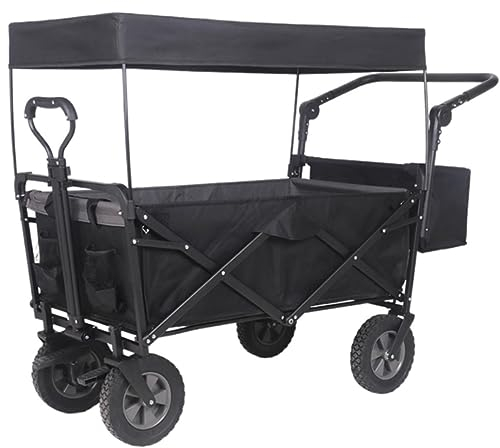 IRYZE Bollerwagen Faltbar Klappbarer Gartenwagen Mit Dachrädern, Bremstransportwagen Aus Metall Und Stahl Für Gartencamping Gartenwagen (Color : Zwart)