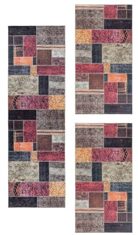 Carpetsale24 Bettumrandung Schlafzimmer 3 teilig Patchwork Multicolor Bettvorleger Schlafzimmer Bettset: 2 St. 80x150 cm | 1 St. 80x250 cm - Flachgewebe Waschbarer Teppich Läufer Set Baumwollrücken