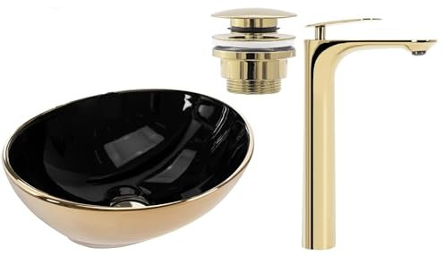 GTM Design Aufzatzwaschbecken mit Armatur - Waschbecken mit Hahn - Waschbeckenarmatur Gold - Aufzatzwaschbecken Oval - Waschbecken Schwarz/Gold Glanz - Aufsatzwaschbecken mit Armatur komplett Set