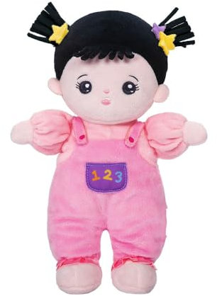 OUOZZZ Baby Puppe, Weiche Stoffpuppe mit Kleidung, Brünette Asiatische Mini-Puppe Kuschelpuppe für Kinder ab 3 Monaten - Baby Geschenk zur Geburt Mädchen Jungen, 25cm
