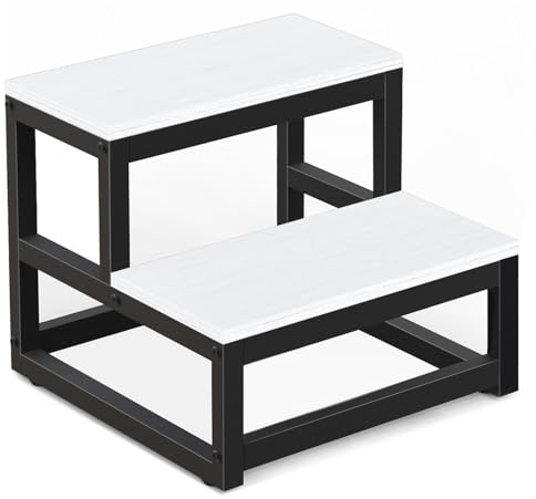 LIANTRAL Marchepied pour Adultes et Enfants, Tabouret à 2 Niveaux, en Acier Robuste et Tabouret en Bois Stable, capacité de Charge jusqu'à 200 kg, marchepied pour lit, Cuisine, Salle de Bain, Blanc
