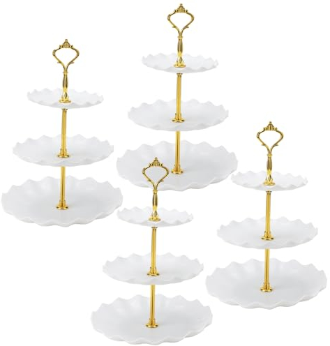 DAKFOOK 4 Set 3 Tiers Cake Stands, White Afternoon Tea Stands Plastic Cake Stand, Cupcake Stand for Birthday Party Wedding Decorations