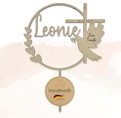 Birdart Box® Taufe, Konfirmation, Kommunion Tortenstecker mit Namen – personalisierter Tortenstecker aus umweltfreundlichem Holz, stabiler Cake Topper 15cm Durchmesser (Silber)