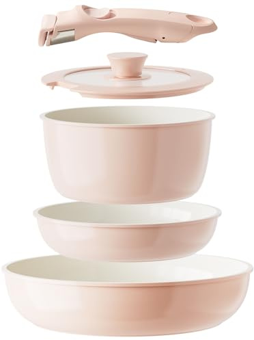 Redchef Removable Handle Ceramic Cookware Set - Non-Stick Pots and Pans, RV Compatible, Non-Toxic (No PFAS, PTFE, PFOA) - Detachable, Dishwasher & Oven Safe (Pink)