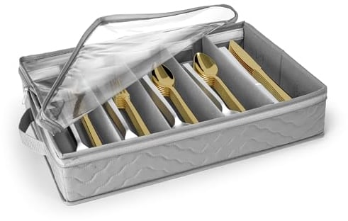 Sorbus Flatware & Utensil Storage - Gray Fabric Chest Box for Storage and Organizing Utensils, Silverware, Flatware, Cutlery - Silverware Organizer Container with Zipper Clear Lid & Adjustable Divider