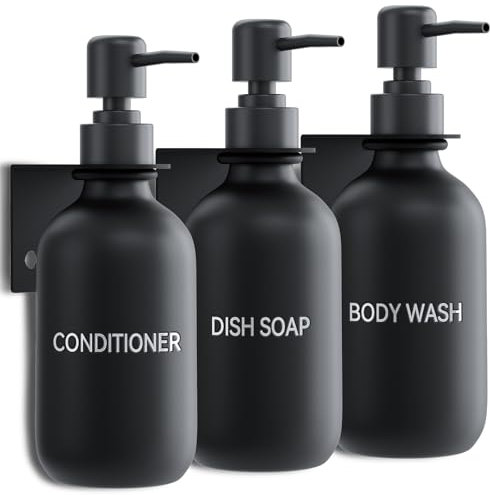 Seifenspender Wandbefestigung Ohne Bohren, 3er Set 500ml Schwarz matt Schampoospender Dusche mit Trichter und Dreidimensional Wasserdichten Etiketten für Küche Bad