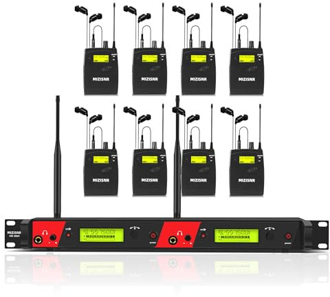MIZISNR Wireless in Ear Monitor System, 2 Channel 8 Bodypacks Pro Mono IEM System for Musicians, Metal Rack Mount Monitor w/ 2x40 UHF Frequencies, 330ft Range for Band, Stage or Studio (IME-8000)